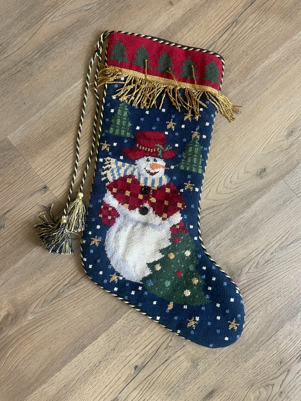 Imperial Elegance Needlepoint Snowman Cross Stitch Stocking with Tassels 17"